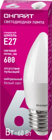 Лампа светодиодная 71 631 OLL-C37-6-230-4K-E27-FR 6Вт свеча 4000К нейтр. бел. E27 600лм 176-264В ОНЛАЙТ 71631