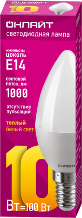 Лампа светодиодная 61 956 OLL-C37-10-230-2.7K-E14-FR 10Вт свеча 2700К тепл. бел. E14 1000лм 176-264В ОНЛАЙТ 61956