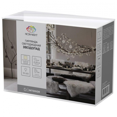 Гирлянда светодиодная "Звездопад" 2.25м 10LED красн. тепл. бел. 0.1Вт IP20 провод ПВХ прозр. элементы питания 2хAA (не в компл.) Neon-Night 304-002