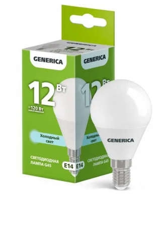 Лампа светодиодная G45 12Вт шар 6500К E14 230В GENERICA LL-G45-12-230-65-E14-G