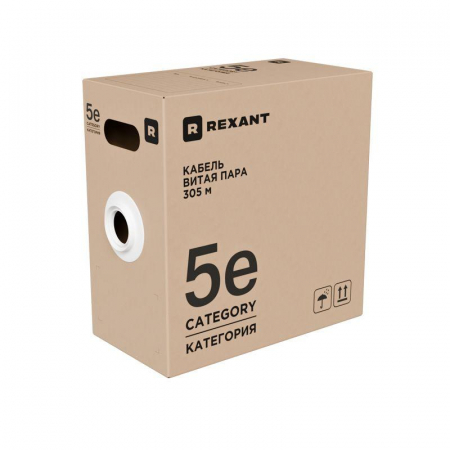 Кабель витая пара U/UTP кат.5E PVC 4PR 24AWG INDOOR SOLID сер. (уп.305м) РФ Rexant 01-0043-R