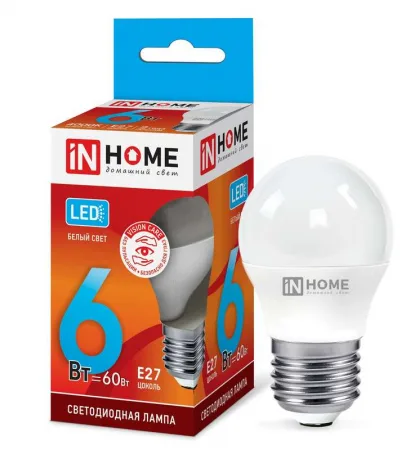 Лампа светодиодная LED-ШАР-VC 6Вт шар 4000К нейтр. бел. E27 570лм 230В IN HOME 4690612020532
