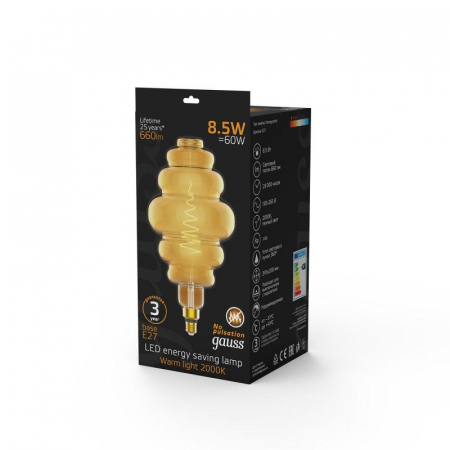 Лампа светодиодная филаментная Black Filament 8.5Вт Honeycomb золотая 2000К тепл. бел. E27 660лм GAUSS 161802105