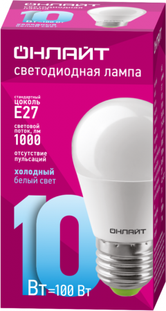 Лампа светодиодная 61 970 OLL-G45-10-230-6.5K-E27 10Вт шар 6500К холод. бел. E27 1000лм 176-264В ОНЛАЙТ 61970