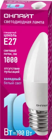 Лампа светодиодная 61 961 OLL-C37-10-230-6.5K-E27-FR 10Вт свеча 6500К холод. бел. E27 1000лм 176-264В ОНЛАЙТ 61961